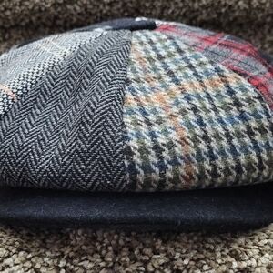 Black and Gray Patchwork Flat Cap with Herringbone and Plaid
